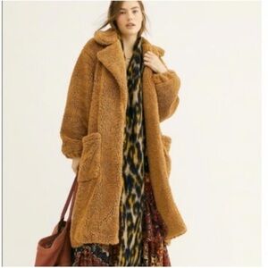 Free People Rare Mongolian Brown Faux Fur Shag Long Coat Floral Jacket Sz Small